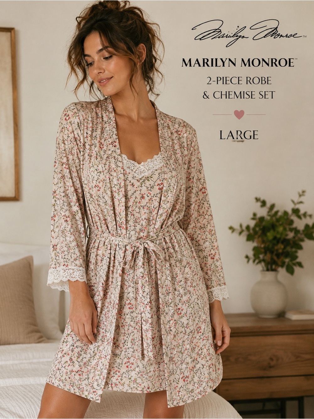 Marilyn Monroe Floral Robe & Nightgown Set Lace Trim Large